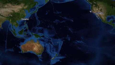 Animated Flight Route Map from Los Angeles to Guangzhou Over Pacific Ocean Video stock 347182140