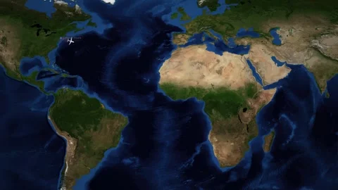 Animated Flight Route Map from New York to Doha Across the Atlantic Ocean Stock Footage 338327996