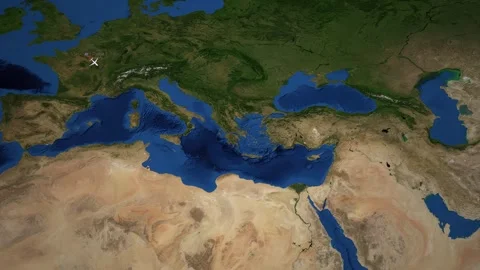 Animated Flight Route Map from Paris to Cairo over the Mediterranean Sea Stock Footage 337276573