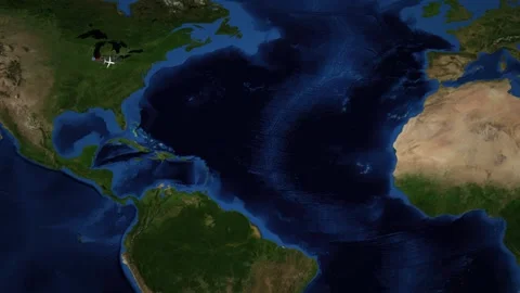 Animated Flight Route Map Showing Airplane Traveling from Chicago to Lisbon Stock Footage 337984040