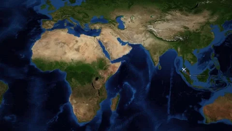 Animated Flight Route Map Showing Airplane Traveling from Singapore to Lisbon Stock Footage 345463137