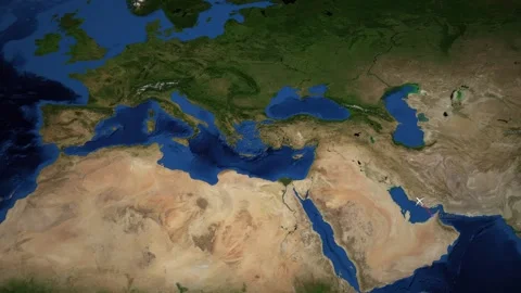 Animated Flight Route Map Showing Airplane Traveling from Dubai to Paris Stock Footage 346275669