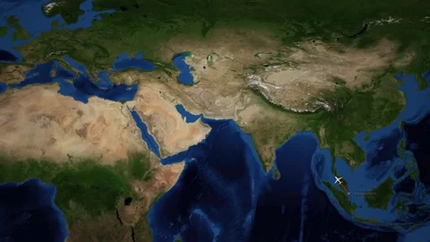 Animated Flight Route Map Showing Airplane Path from Singapore to Vienna Stock Footage 346591636