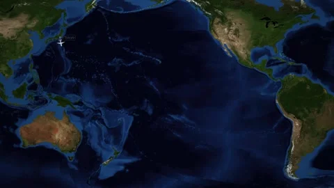 Animated Flight Route Map from Tokyo Japan to Auckland New Zealand Stock Footage 340948516