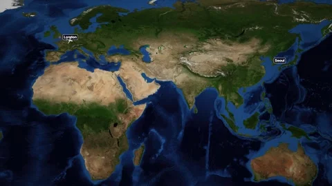 Animated Flight Route Map Tracking an Airplane from London to Seoul Stock Footage 341854706
