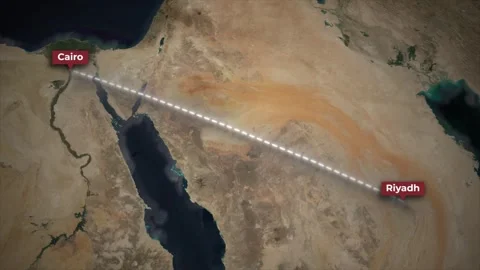 Animated Flight Route from Riyadh to Cairo on Satellite Map Background Stock Footage 340159259