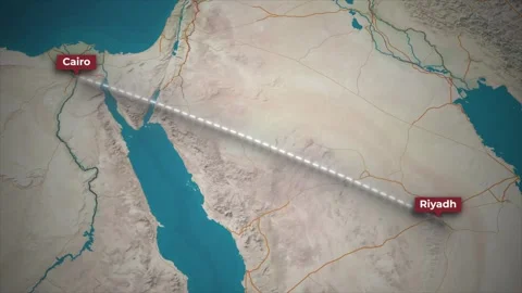 Animated Flight Route from Riyadh to Cairo on 3D Topographic Map Stock Footage 340159269
