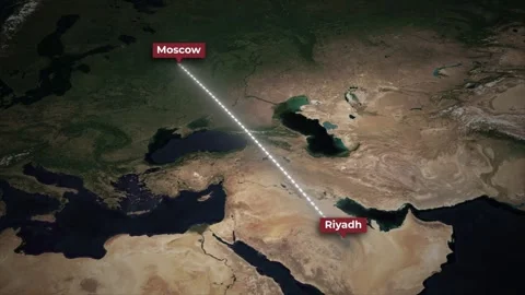 Animated flight route from Riyadh to Moscow on satellite map background Stock Footage 339612071
