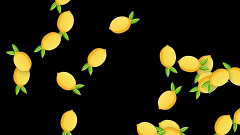 Animated Floating Yellow Lemons with Green Leaves on Black Background Stock Footage 340195151
