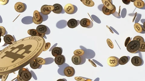 Animated flow of bitcoins that fall from the top on a white surface. Stock Footage 152812370
