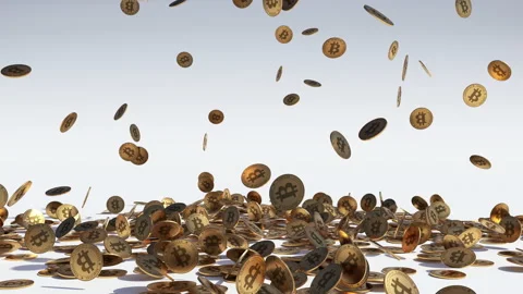 Animated flow of bitcoins that fall from the top on a white surface. Stock Footage 152814058