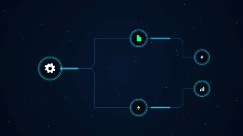 Animated flowchart diagram with glowing data transfer nodes Video stock 346157427