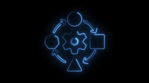 Animated flowchart with geometric shapes and arrows rotating around a central 스톡 동영상 322957364
