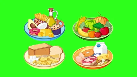 Animated Food Groups Assembling on Green Background in Sequence 스톡 동영상 318566979