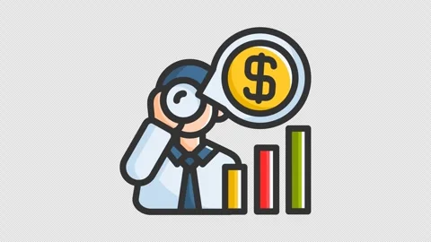 Animated forecast analytics with man and magnifying glass examines dollar sign Stock Footage 264940171