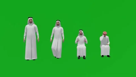 Animated four Arab men standing and sitting on a 3D green screen shopping, trave Vidéo 212584733