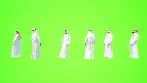Animated four Arab men standing and sitting on a 3D green screen shopping, trave Vidéo 212670203