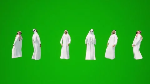 Animated four Arab men standing and sitting on a 3D green screen shopping, trave Vidéo 212670240