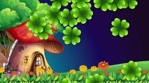 Animated Four Leaf Clovers Falling Over a Fantasy Mushroom House Background Video stock 340195523