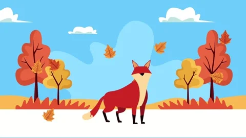 Animated fox standing in autumn forest with falling dry orange leaves under.. Stock Footage 338401579