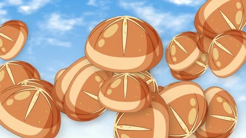 Animated Fresh Baked Bread Rolls Falling Through a Blue Sky Stock Footage 344378472