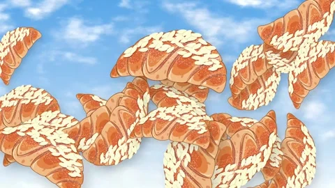 Animated Fresh Croissants Falling Through a Bright Blue Sky Stock Footage 345307793