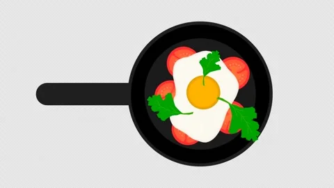 Animated fried egg with tomatoes in a frying pan. Stock Footage 279087631