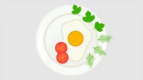 Animated fried egg with tomatoes on a white plate. Stock Footage 279991101