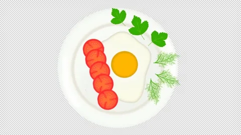 Animated fried egg with tomatoes on a white plate. Stock Footage 279997881