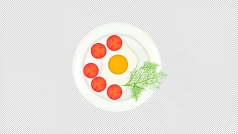 Animated fried egg with tomatoes on a white plate. Stock Footage 280063774