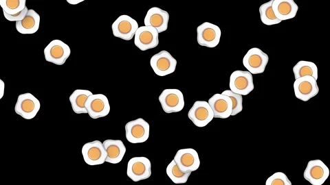 Animated Fried Eggs Falling Downward Against a Solid Black Background Stock Footage 340758140