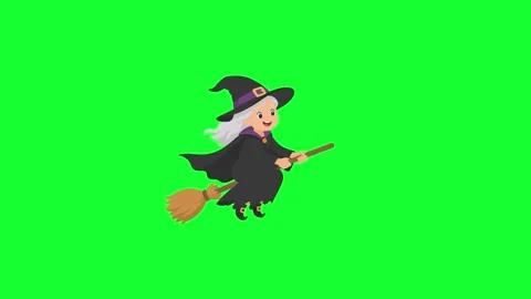 Animated friendly old witch flying on broomstick loop on green screen backg.. Stock Footage 340382661