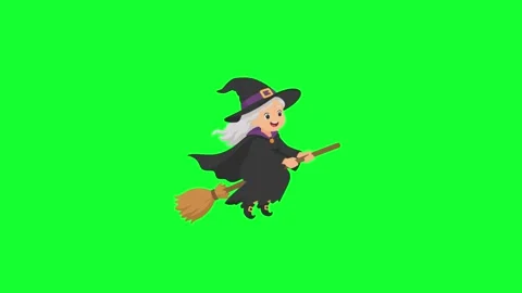 Animated friendly old witch flying on broomstick loop on green screen backg.. Stock Footage 340382662