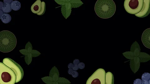 Animated Fruit and Herb Border with Avocado Kiwi Blueberry Mint Видео 344487033
