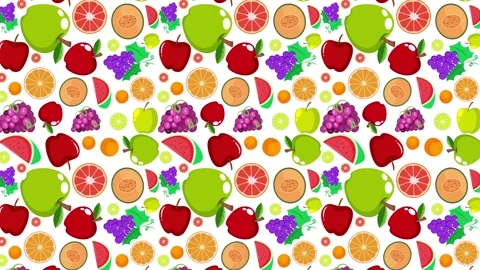 Animated fruit pattern background with colorful apples grapes and citrus sl.. Video stock 333759026