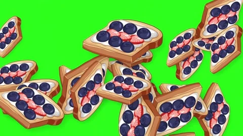 Animated Fruit Toast Slices Falling Against a Green Screen Background Video stock 344231313