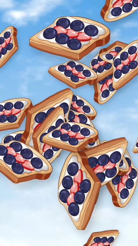 Animated Fruit Toast Slices Falling Through a Bright Blue Sky Video stock 344850601
