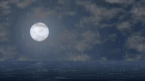 Animated Full Moon Over Dark Ocean with Falling Rain Loop Stock Footage 346274357