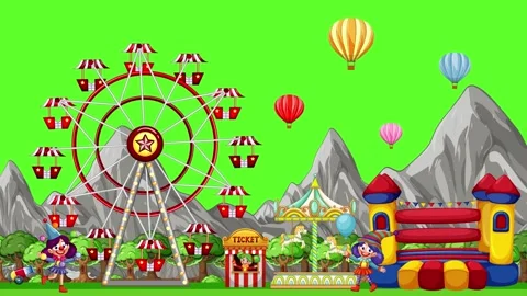 Animated Fun Park with Ferris Wheel and Bouncy Castle on Green Screen Vídeo Stock 340307363