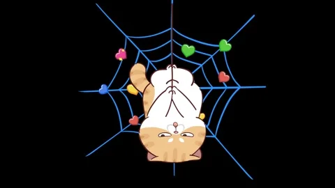 Animated Funny Cat Hanging Upside Down on Spider Web - Transparent Background Stock Footage 282790179