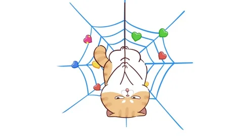 Animated Funny Cat Hanging Upside Down on Spider Web - White Background Stock Footage 282790181