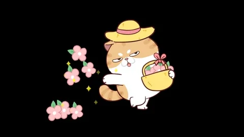 Animated Funny Cat Wearing a Hat Holding a Basket Throwing Flowers - Transp.. Stock Footage 282790052
