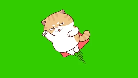Animated Funny Cat Wearing a Red Cape Flying in the Sky - Green Screen Stock Footage 282790149