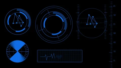 Animated futuristic HUD interface with glowing blue elements graphs and cir.. Stock Footage 259767497