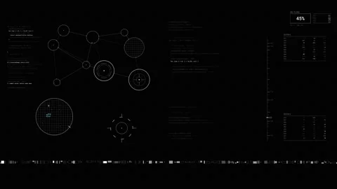 Animated futuristic HUD interface with node network diagram, code readouts 動画素材 346882978