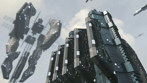 Animated futuristic scifi city with impressive space station. 4K Stock Footage 74682670