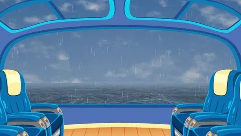 Animated Futuristic Train Interior with Rainy Ocean Horizon View Loop Stock Footage 345703593
