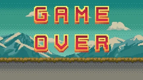 Animated Game Over text on 8 bit video game background. Pixel art screen with Stock Footage 277194840