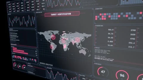 Animated geodata analytics dashboard on tilted screen with shallow depth of 스톡 동영상 346959909