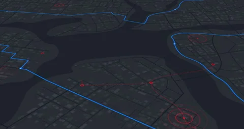 Animated Geospatial City Transit Map with Red Route and Blue Network Stock Footage 344715718